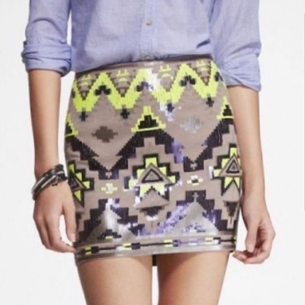 Express Aztec Sequin Stretch Skirt Gray Neon Green Medium